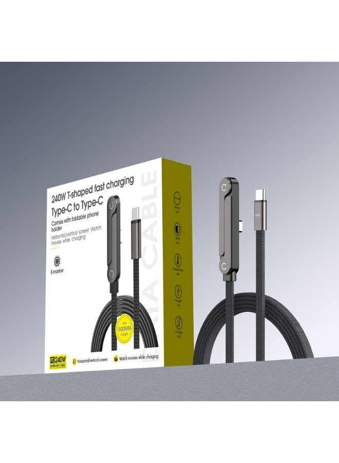 MANBO Black  240W Type‑C to Type‑C Fast Charging Cable, Zinc Alloy Elbow Bracket Data Cable for Fast Charging & Data Sync - Image 3
